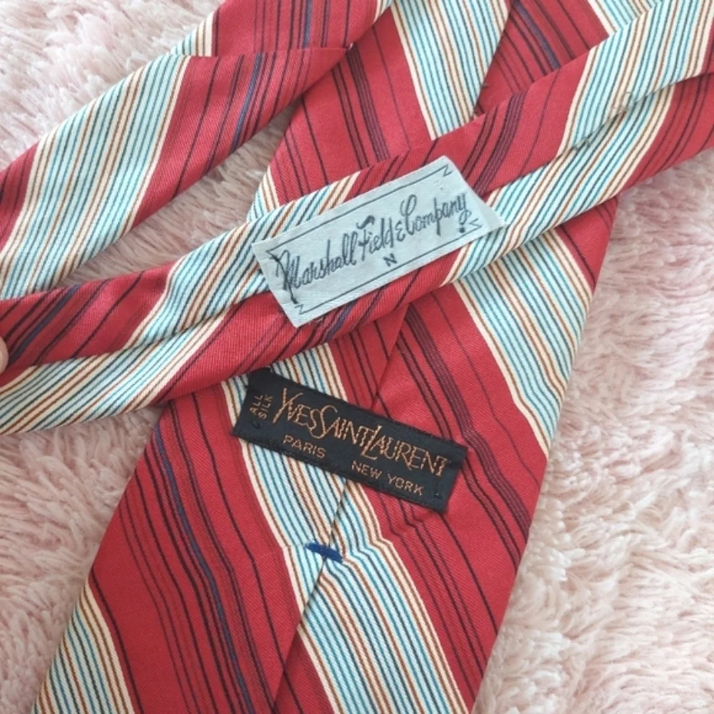 Yves‎ Saint Laurent Neck Tie In Red WithLight Blue Stripes Silk